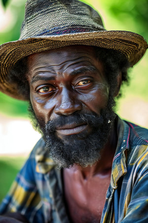 Portrait of an african american farmer in the countryside.の素材