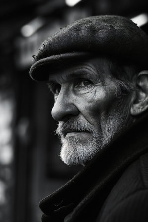 Portrait of an old man in the street. Black and white.の素材
