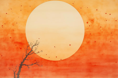 Grunge orange background with dry tree and moonの素材