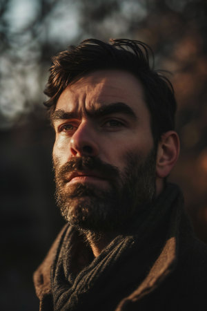 Portrait of a handsome bearded man in the autumn park. Men's beauty, fashion.の素材
