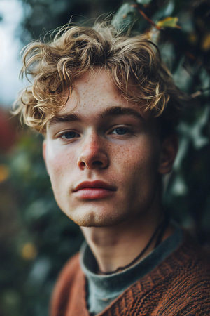 Portrait of a handsome young man with blond curly hair and frecklesの素材