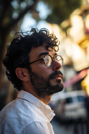 Portrait of a young man with glasses on the streets of Romeの素材