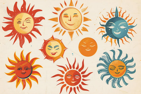 Set of sun icons on old paper background.の素材
