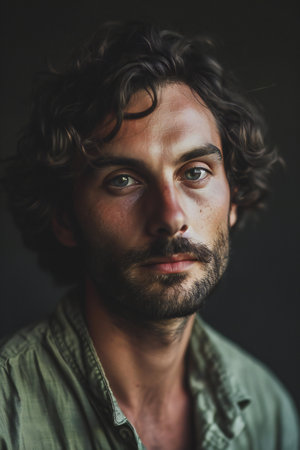 Portrait of a handsome young man with curly hair in a green shirtの素材