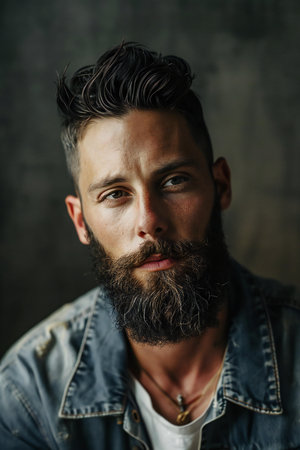 Portrait of a handsome young man with long beard and mustache.の素材