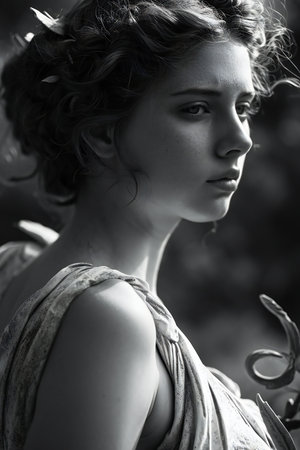 Portrait of a beautiful young woman with curly hair. Black and white photo.の素材