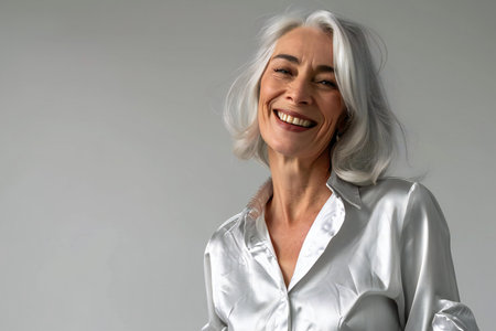 Portrait of a happy mature woman in a white shirt on a gray backgroundの素材