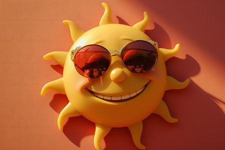 Smiling sun wearing sunglasses on orange background. Summer holidays concept.の素材