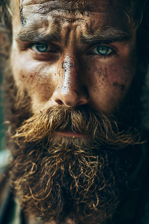 close-up portrait of a man with a long beard, mustache and brown hair with a dirty faceの素材