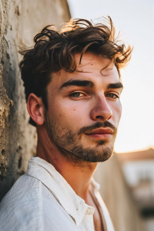Portrait of a handsome young man with trendy hairstyle. Men's beauty, fashion.の素材