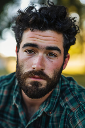 Portrait of a young man with beard and mustache in the parkの素材