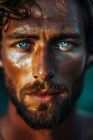 Close-up portrait of a handsome young man with a beard and wet hair.の素材