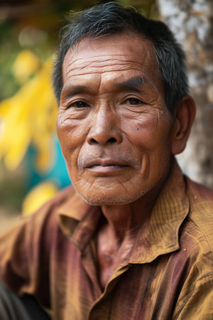 Portrait of an old man in his 40s, Thailand.の素材