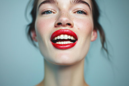 Closeup portrait of a beautiful young woman with red lips and clean skinの素材