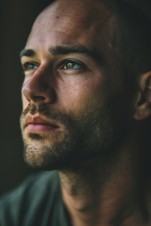 Portrait of a handsome young man with a beard on a dark backgroundの素材