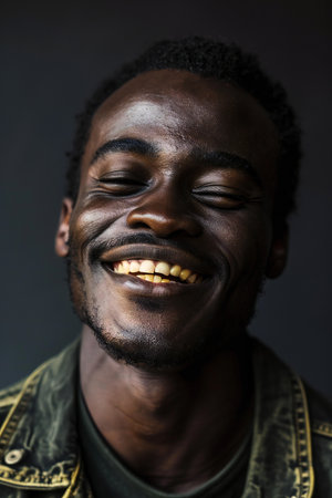Portrait of a handsome african american man smiling against black backgroundの素材