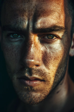 Close-up portrait of a handsome young man with freckles.の素材