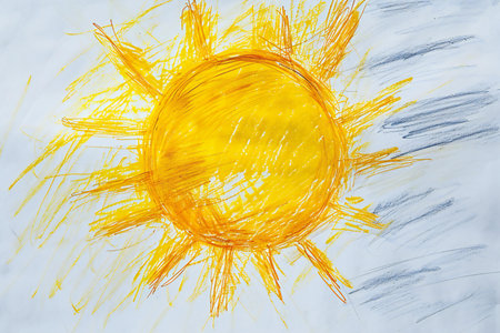sun drawing with crayons on a white sheet of paper.の素材