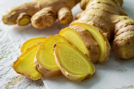 Fresh ginger root on white wooden table. Healthy food. Selective focus.の素材