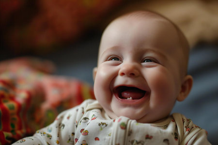Close up portrait of a cute baby girl laughing. Shallow depth of field.の素材