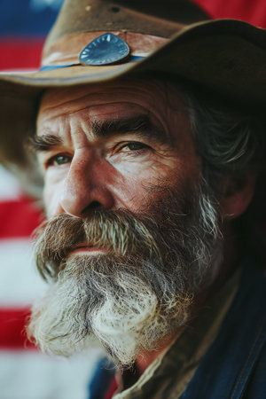 Portrait of a man with a long white beard and mustache on the background of the American flagの素材