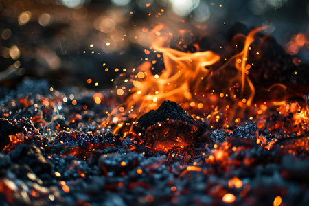 Burning coals in a campfire, close-up.の素材