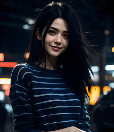 Portrait of a beautiful asian woman in blue sweater on the streetの素材