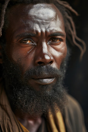 Portrait of a sad senior African man with dark hair and beard.の素材