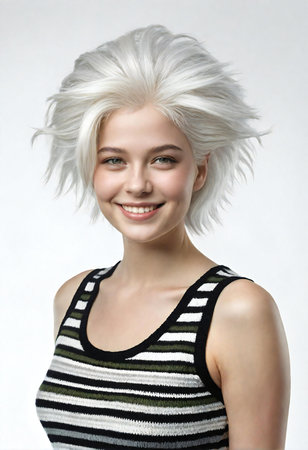 Portrait of a beautiful young woman with short blonde hair. White background.の素材