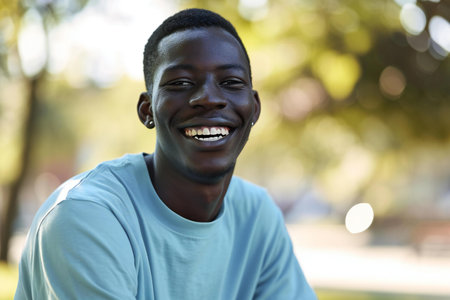 Portrait of a happy young man smiling in the park on a sunny dayの素材
