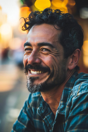 Portrait of a handsome bearded Hispanic man smiling in the city.の素材