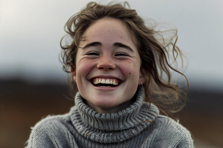Portrait of a smiling little girl with her hair in the windの素材