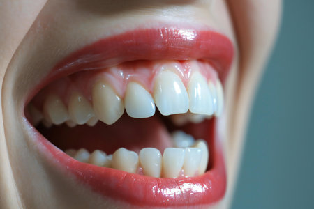 Closeup of female mouth with healthy teeth. Teeth whitening conceptの素材