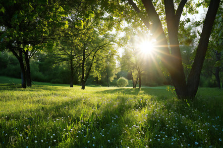 Sunset or sunrise in the summer park with green grass and flowersの素材