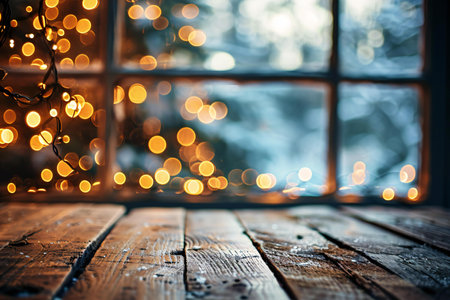 Christmas background with bokeh lights on the window and wooden floorの素材