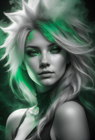 Portrait of a beautiful young woman with green hair and white smokeの素材