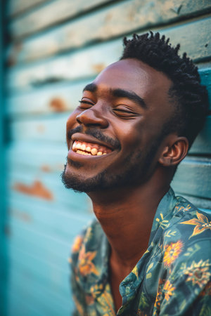 Portrait of a young african american man smiling against blue wallの素材