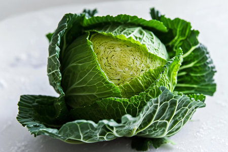 Green cabbage on a white background. Vegetarian food. Healthy food.の素材