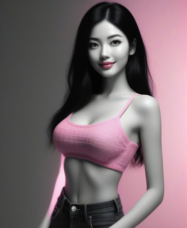 Portrait of a beautiful asian woman in pink top and jeansの素材