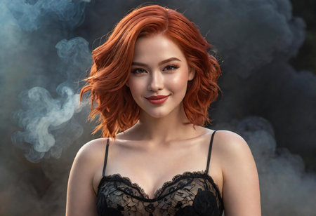 Portrait of a beautiful redhead woman in black lingerie.の素材