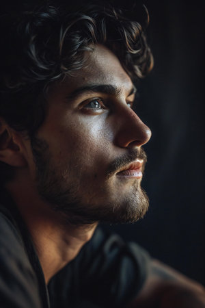 Portrait of a handsome young man with a beard on a dark backgroundの素材