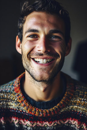 Portrait of a smiling young man in a knitted sweater.の素材