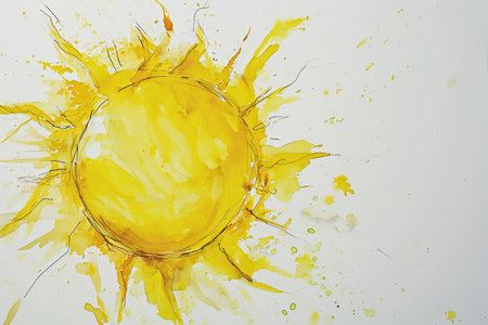 yellow sun on a white background with splashes of watercolor paintの素材