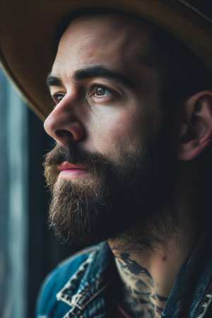 Portrait of a bearded man in a hat with a tattoo.の素材