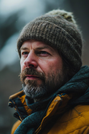 Portrait of a bearded man in a winter jacket and hat.の素材