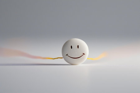 Smiley face with a yellow thread on a white background, close upの素材