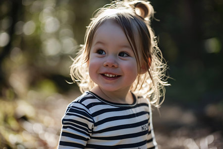 Portrait of a smiling little girl with blond hair in the forestの素材