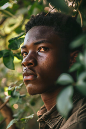Portrait of a young african man in the green forest.の素材