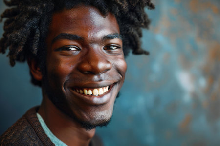 Close up portrait of young african american man smiling against grunge backgroundの素材