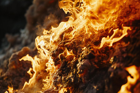 Burning coals of a bonfire, close-up.の素材
